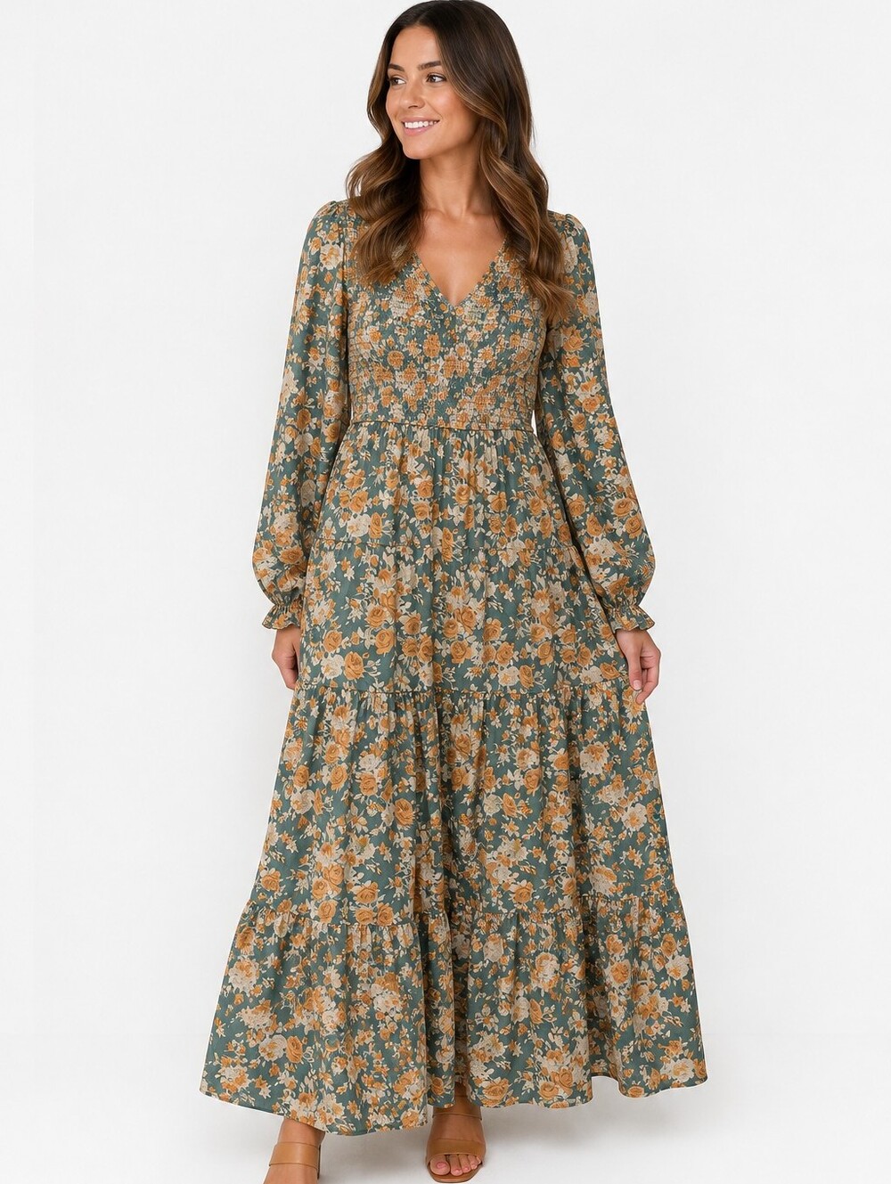 Floral Tiered V-Neck Maxi Dress in Sage and Mustard Size Mediun NEW